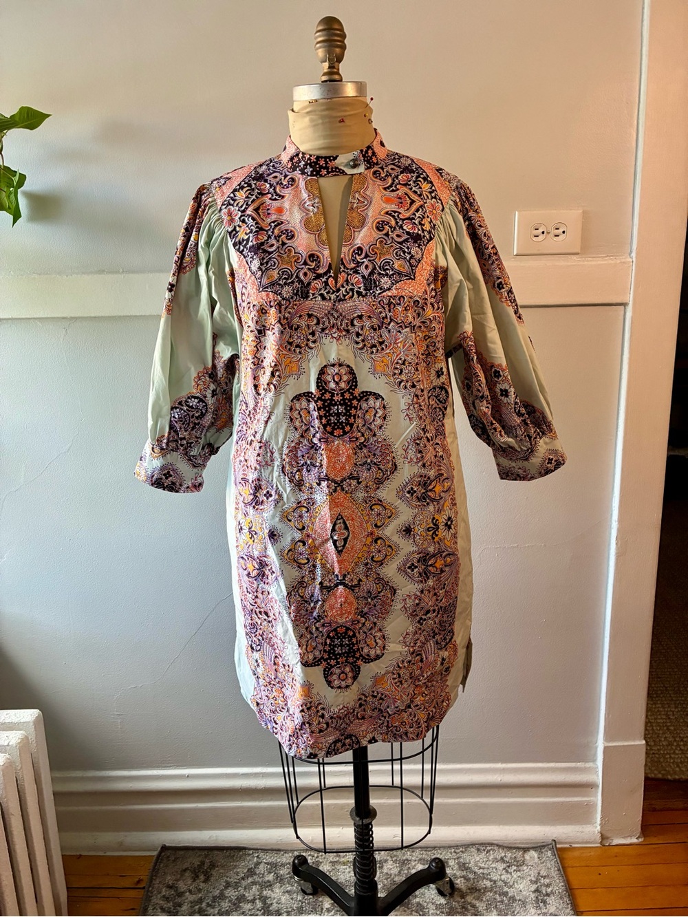Etro Sage Green and Peach Paisley 3/4-Sleeve Cotton Shift Dress